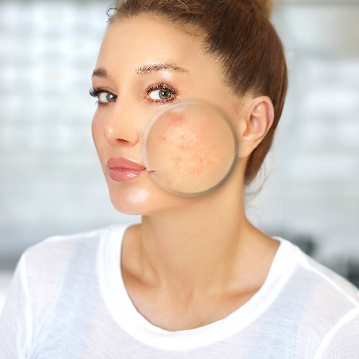 An image of a woman with a magnifying glass highlighting acne on her face