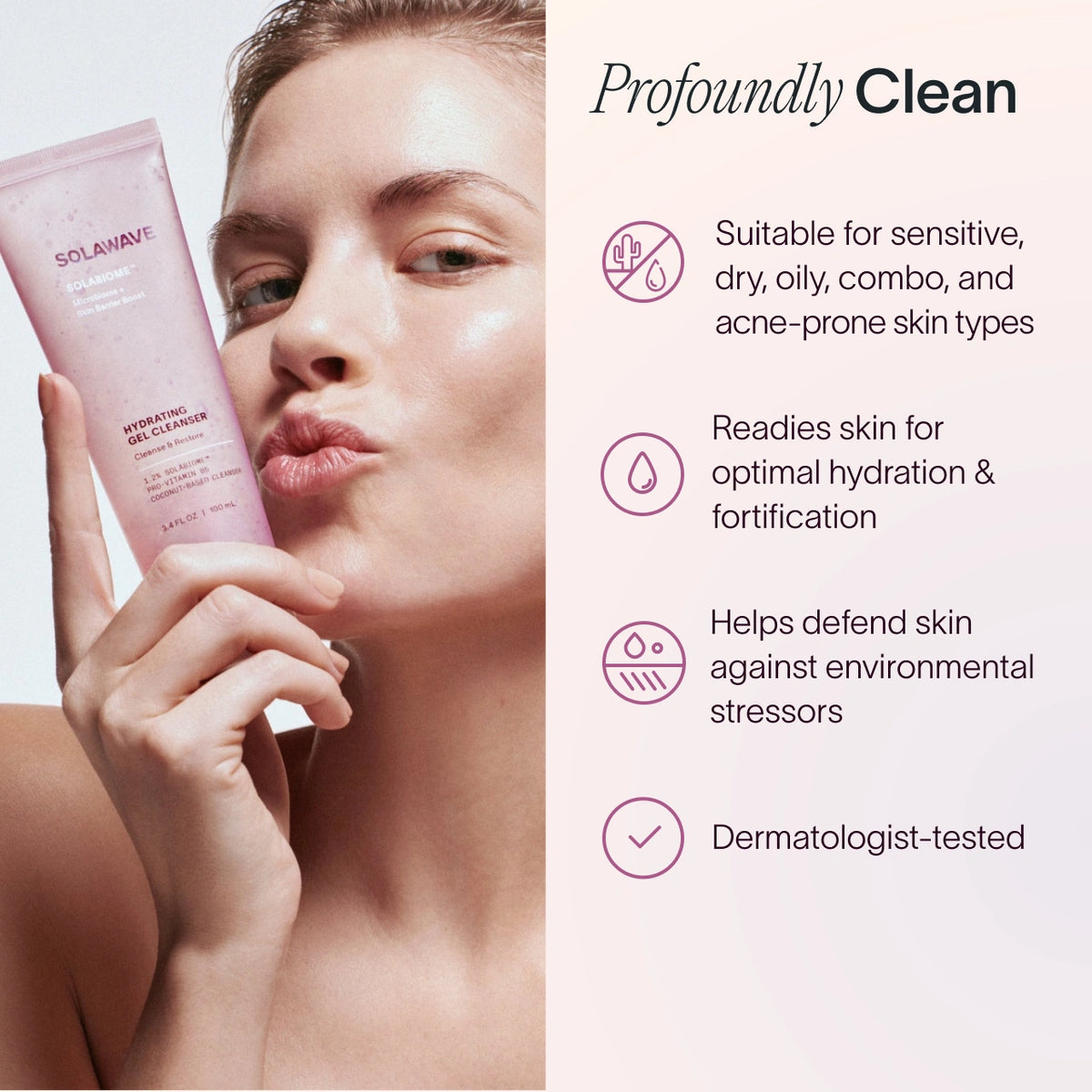 An image of a woman holding the hydrating facial cleanser