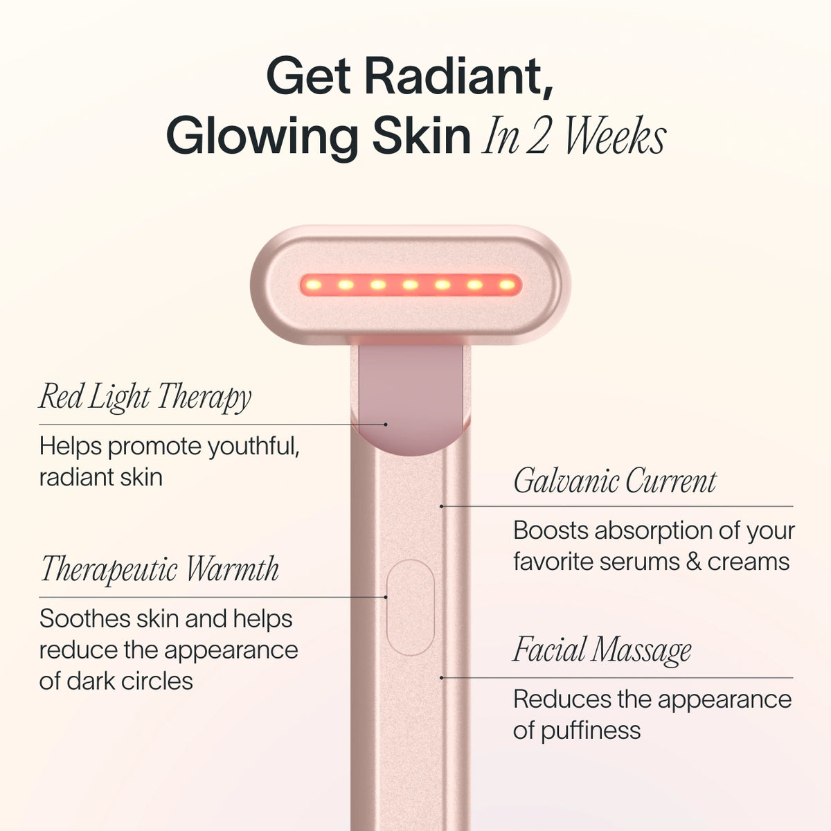 An image of the Solawave red light therapy wand along with its benefits: red light therapy, galvanic current, therapeutic warmth, and facial massage  || Rose Gold