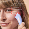 A person uses the SolaWave Bye Acne Pro Kit, a small handheld device emitting a red light on their cheek. The image promotes this acne treatment with light therapy, emphasizing benefits: no exfoliators, no harsh chemicals, no mess, and no pain.