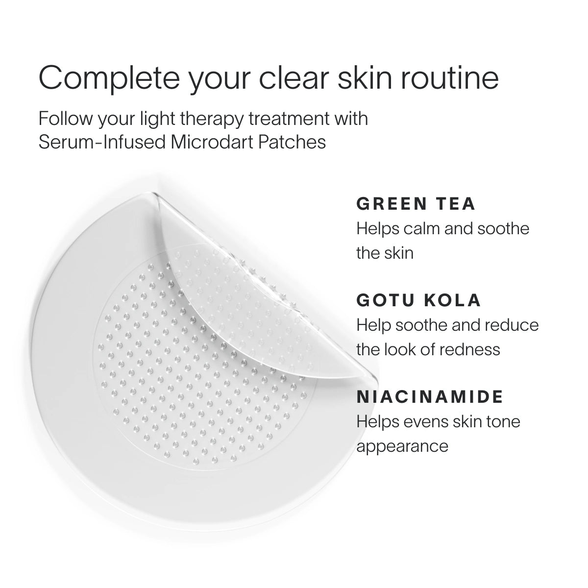 Image of Bye Acne Pro Kit microdart patch from SolaWave, with a corner peeled to show the microdarts. Ideal for acne treatment, it features ingredients like green tea, gotu kola, and niacinamide for effective blemish control.