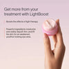 A hand holds a small pink jar of cream against a light pink background. Text reads: Enhance results with LightBoost technology from SolaWaves Eye Recovery Pro Kit. Boosts light therapy effects while powerful ingredients moisturize, visibly depuff, firm, and lift the skin.