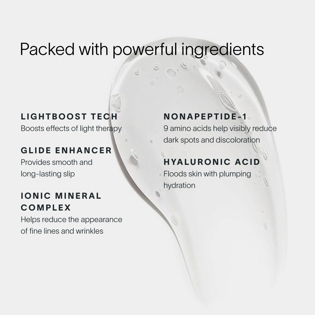 A transparent serum drop with visible bubbles, branded as Solawaves LightBoost Wand Activating Serum, is labeled: Packed with powerful ingredients and features LightBoost technology, Glide Enhancer, Ionic Mineral Complex, Nonapeptide-1, and hyaluronic acid.