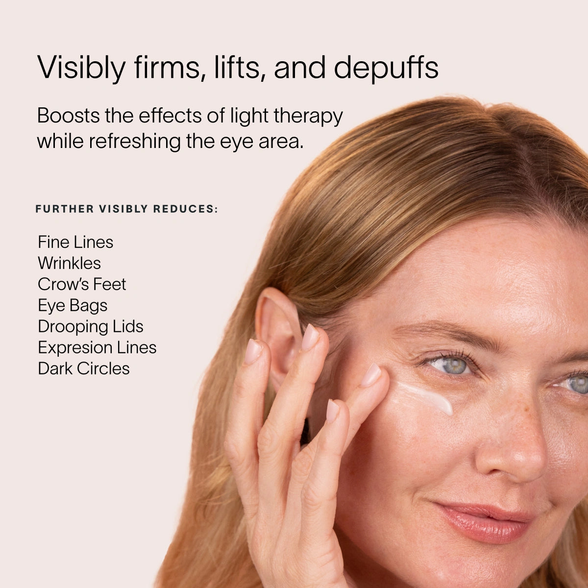 A person applying Solawaves LightBoost Eye Cream under their eyes, which visibly firms and lifts with vegan collagen while nourishing. It reduces fine lines, wrinkles, and dark circles while effectively depuffing eye bags and lifting drooping lids.