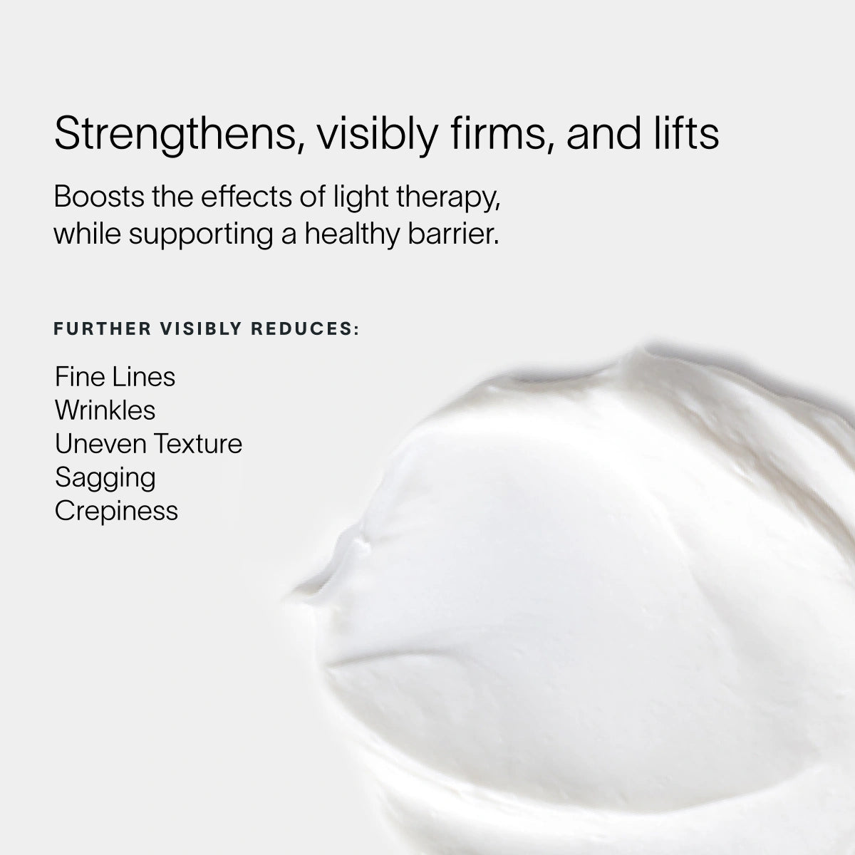 On a light grey backdrop, a close-up of the creamy LightBoost Face & Neck Rich Cream by Solawave is shown. Text above states: Enhanced with vegan collagen, it strengthens, visibly firms, and lifts while amplifying light therapy effects and reducing fine lines for a healthy barrier.