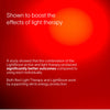 A red background with text highlights the benefits of Solawaves LightBoost Eye Cream and light therapy. This combination, enriched with growth factors, enhances outcomes by supporting the skins energy production.