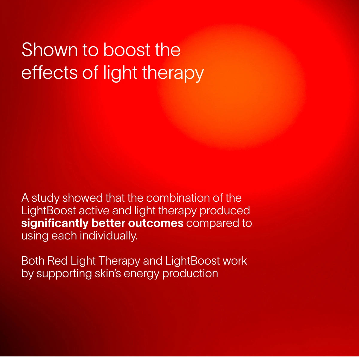 A red background with text highlights the benefits of Solawaves LightBoost Eye Cream and light therapy. This combination, enriched with growth factors, enhances outcomes by supporting the skins energy production.