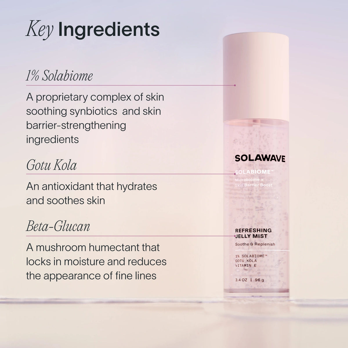 A photo of the ingredients in tthe Solawave Pre- & Probiotic Refreshing Jelly Face Mist