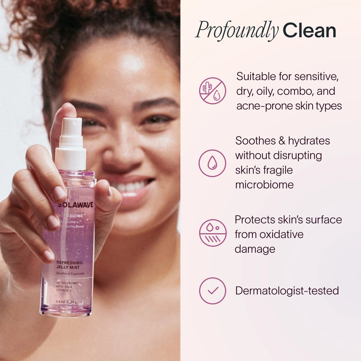 An image of a woman holding up clean skincare facial mist