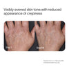 Two side-by-side images show a hand before and after using the 2-in-1 Face & Body Mini Starter Kit by SolaWave. The Day 1 image highlights crepiness, while Day 56 reveals smoother skin with improved tone, suggesting red light therapys effectiveness.