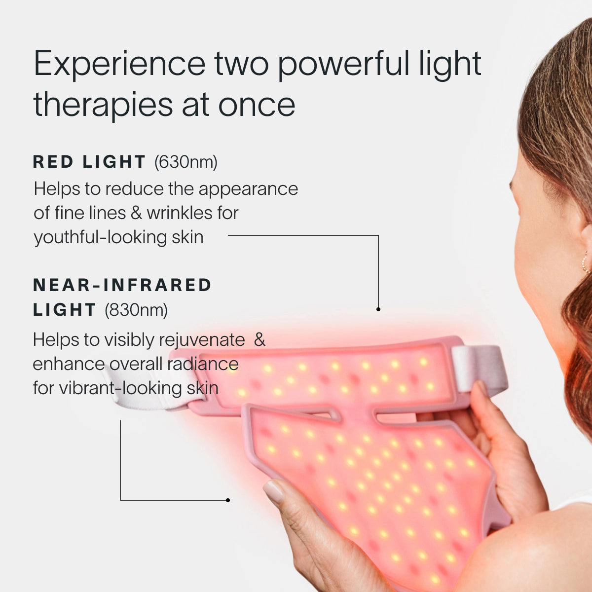 Two hands hold the Solawave Neck & Chest LED Mask from the LightBoost Cream Kit, emitting red light therapy (630nm) to reduce fine lines and near-infrared light (830nm) for rejuvenation, promising a youthful glow and renewed vitality.