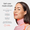 A woman uses a pink Solawave Neck & Chest LED Mask w/ LightBoost Cream Kit for self-care, featuring Red Light Therapy. Text reads, Self-care made simple, highlighting its safety, portability, rechargeability, automatic 10-minute timer, and soft silicone design for hygiene and comfort.