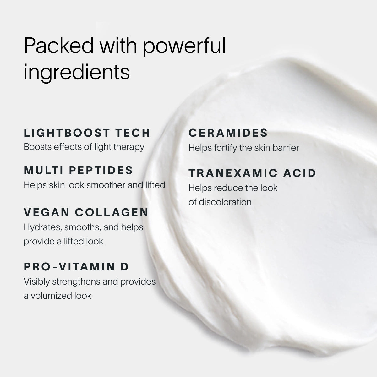 Explore the benefits of Solawaves Neck & Chest LED Mask w/ LightBoost Cream Kit, featuring a rejuvenating Red Light Therapy background. Ingredients include Lightboost Tech, Multi Peptides, Vegan Collagen, Pro-Vitamin D, Ceramides, and Tranexamic Acid—each providing unique skin benefits.