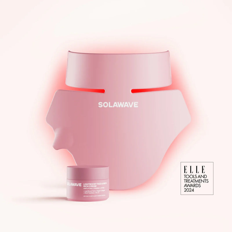 The Solawave Neck & Chest LED Mask in rose showcases glowing LEDs for Red Light and Near-Infrared therapy, accompanied by LightBoost Cream. It features a minimalistic background with Elle Tools and Treatments Awards 2024 text in the bottom right. || Rose