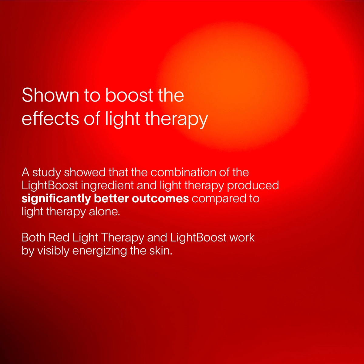 Text on a red background reads: A study showed that Solawaves Neck & Chest LED Mask w/ LightBoost Cream Kit significantly boosts the benefits of light therapy, visibly energizing the skin through Red Light Therapy.