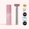 The charcoal Solawave 4-in-1 Red Light Therapy Wand & Activating Serum Kit, praised by Womens Health, Elle, Cosmopolitan, Marie Claire, and Glamour for its collagen-boosting effects, features a wand emitting red light therapy beside a pink serum bottle. || Charcoal