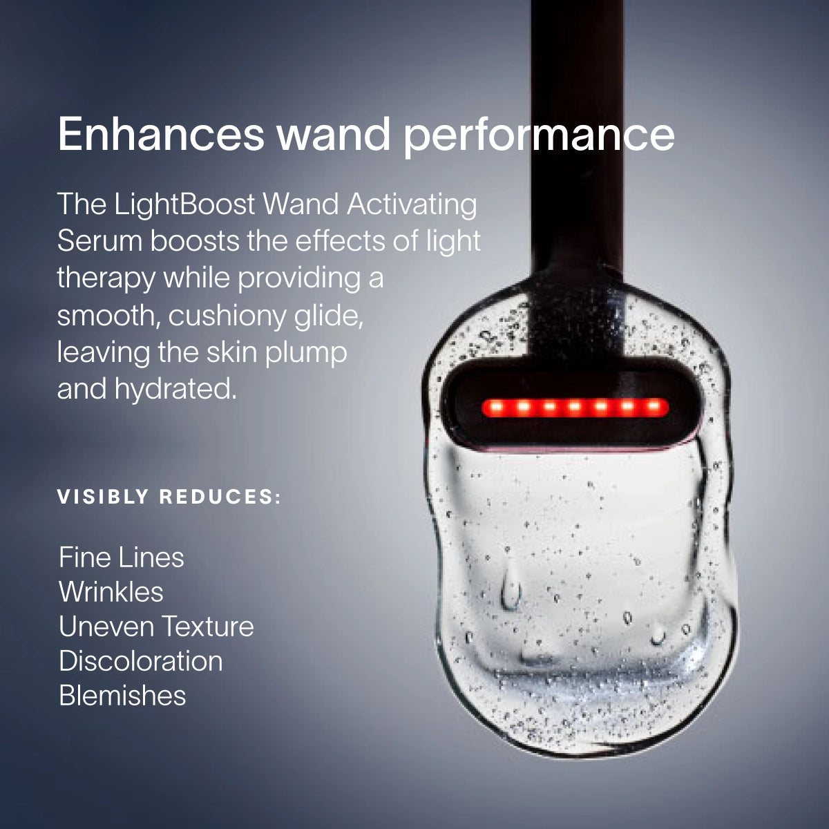 A Solawave close-up shows the 4-in-1 Red Light Therapy Wand emitting red light, enhancing skin through advanced therapy. The text highlights the Activating Serums hydrating benefits, aiding in collagen production to combat lines, wrinkles, texture issues, discoloration, and blemishes. || Gold