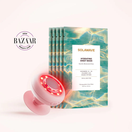 A pink 2-in-1 Face & Body Mini Starter Kit with anti-aging red light therapy is next to teal and gold packaging, labeled SolaWave Hydrating Sheet Mask, showcasing a Bazaar 2024 Beauty Icon logo.