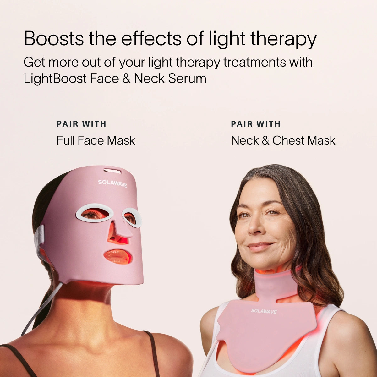 Two women are wearing Solawave skincare masks; one dons a full face mask and the other a neck and chest mask. They highlight the LightBoost Face & Neck Serum, enriched with growth factors, to boost light therapy effects for optimal skin renewal.