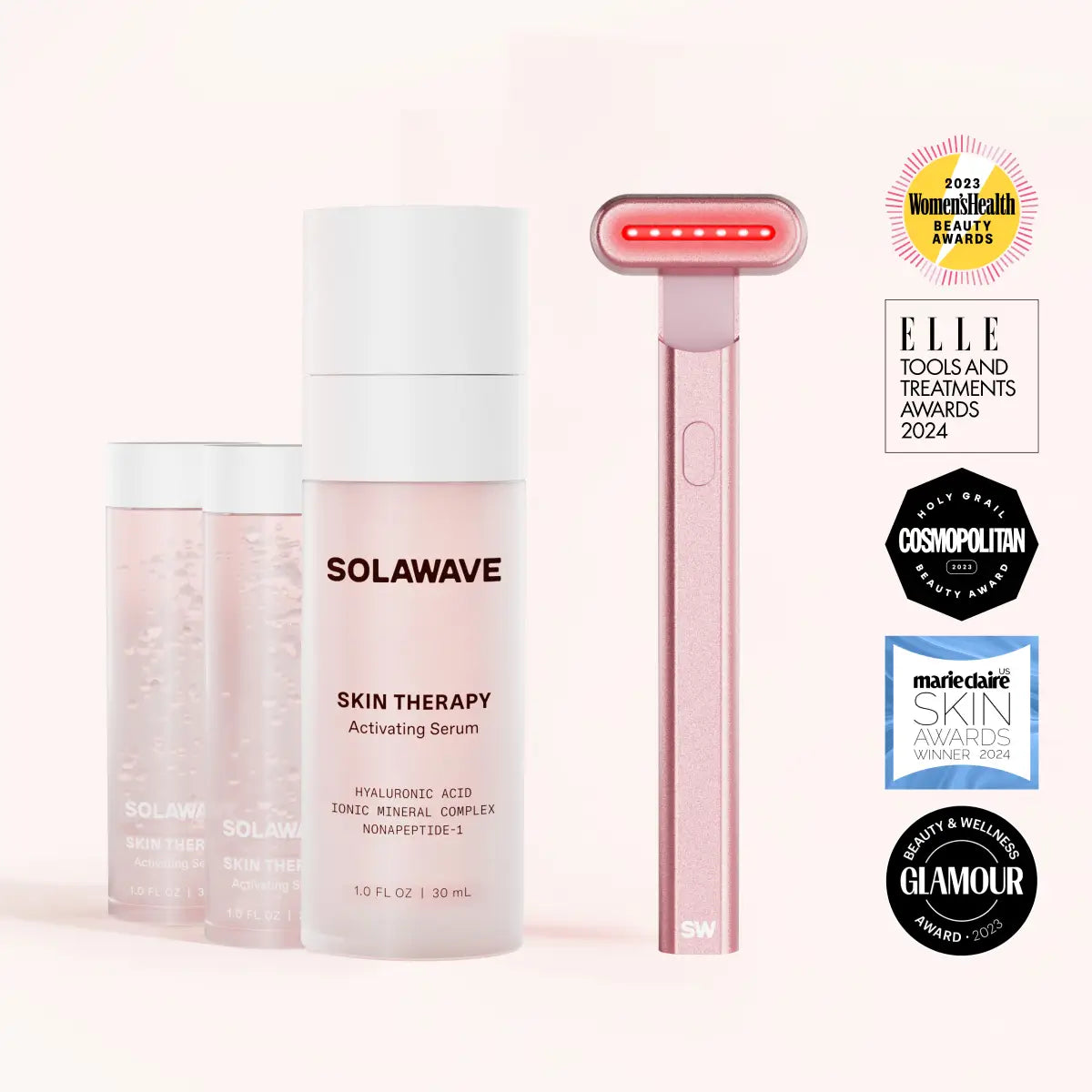 The Solawave 4-in-1 Skincare Wand & 3-Month Serum Kit, featuring a Rose Gold Radiant Renewal Wand and Skin Therapy Activating Serum with Hyaluronic Acid, proudly displays award badges from Womens Health, Marie Claire, Cosmopolitan, Elle, and Glamour.