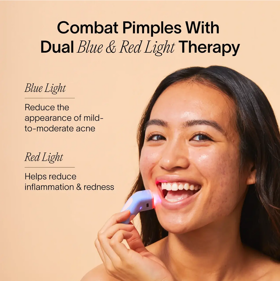 A woman smiles while using the SolaWave Bye Acne: 3-Minute Pimple Spot Treatment device on her face. Text reads, Combat Breakouts With Dual Blue & Red Light Therapy. Blue Light diminishes mild-to-moderate acne; Red Light reduces inflammation and redness. || Periwinkle
