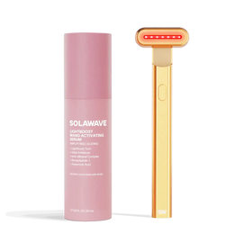 4-in-1 Radiant Renewal Skincare Wand with Red Light Therapy - in gold features a minimalist design, flat rounded head, and red LED light to help reduce fine lines with advanced skincare tech and simple one-button control. || gold
